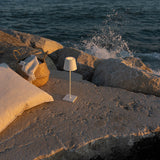 Zafferano Poldina Pro in Weiß auf einem Felsen am Meer im Abendlicht